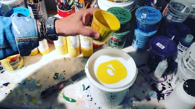 In the studio: And now for a bit of yellow to brighten up the studio. Starting the color mix with the warmth of Naples yellow and a few other hues plus whites make for a kickin’ yellow! Three colors down -Six more colors each to be mixed in batches of 1.5 to 2 gallons. Watching paint dry is the next step. Stay tuned . . . .