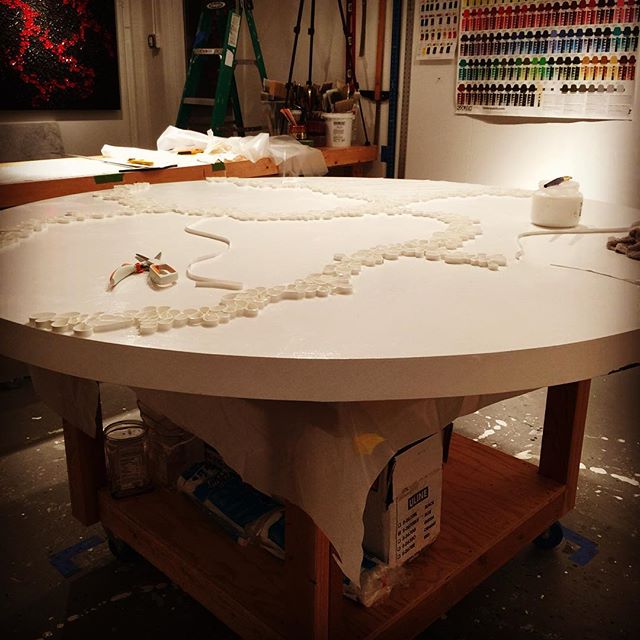 In the studio: Progress on a 6' (1.83m) round panel. Will be part of my Braided Series based on a trip to Denali last summer. Entire surface will be textured and filled with color soon.