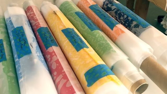 In the studio: Scrolls of paint piling up! Day eight of pouring and peeling giant sheets of paint. Finally most are rolled and ready. New art pieces use 4x the amount of paint. Stay tuned. . .