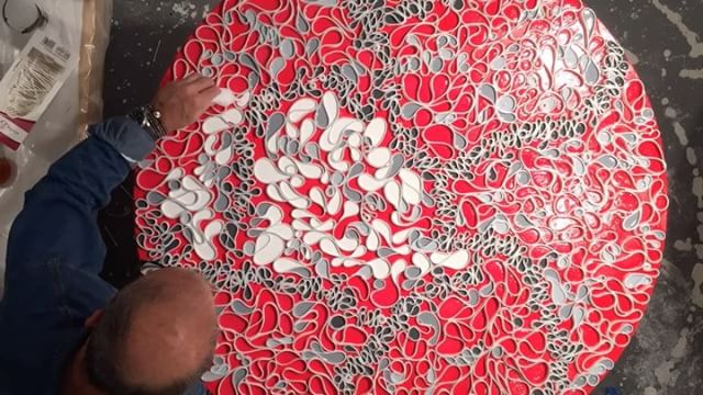 In the studio: Time lapse video of a 35" round textured piece with 5 different color fills being done. Adding the fills are my favorite part of the process as the paintings finally have movement. Piece is titled "In the Parish " Enjoy and go see some art this week.