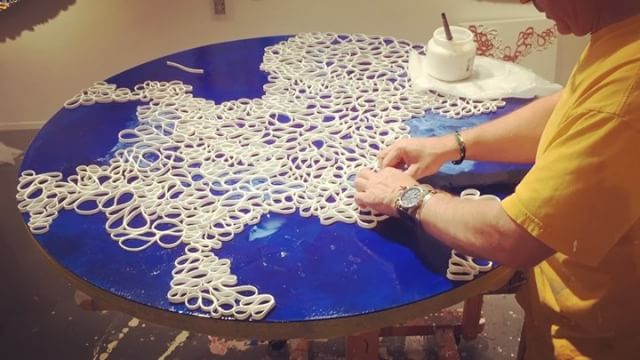 In the studio: Time lapse video of a 35" round with texture and pattern being added. This piece still needs color fills to give it depth and movement. Enjoy the video. Piece will be show at my SF open studios October 22nd and 23rd.