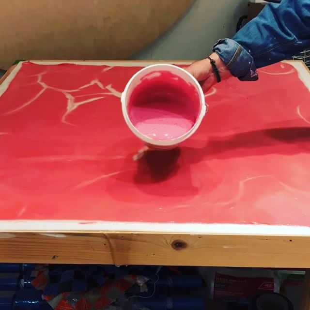 In the studio: getting to the end with the layered pieces. Last of the pink pours with 4 layers completed on this piece. Timelapse videos continue of my multi day materials making. . . Taking a break from pouring today to ship 2 paintings to Miami that will be shown at Spectrum Art Fair during Art Basel. @spectrummiami Prep for my in studio open house during @icb_winter_open_studios starting Dec 1st is getting squeezed into schedule too. . . Thanks for all the Instagram likes and follows. Stay tuned....