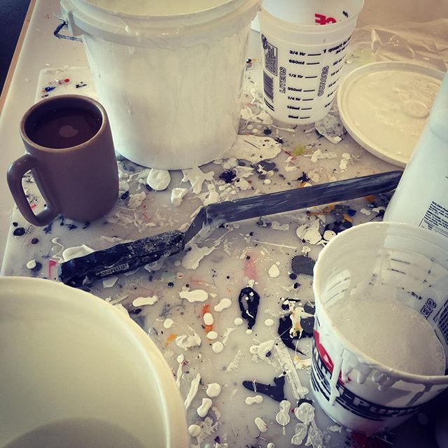 In the studio: mixing gallons of tar gel and consuming equal quantities of coffee. Coffee=creating maybe. Coffee cup from my cool neighbors @heathceramics coffee tastes better in their cups.