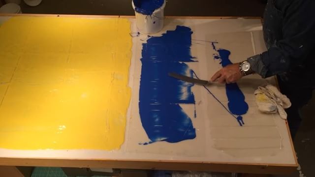 In the studio: new series project continues with time lapse video of a few gallons of paint being poured on my work tables. Colors will shift darker after they dry. I'll pour multiple layers of color to create variety in the finished paintings . . . lapse