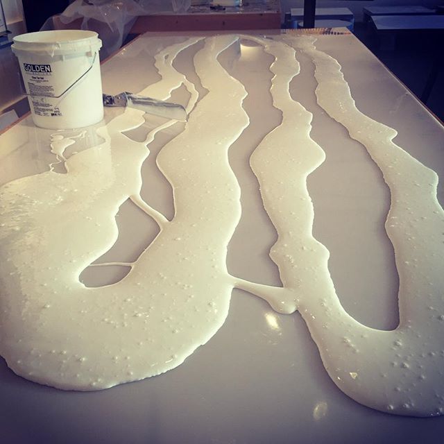 In the studio: one if many big gel pours for materials needed for lots of new paintings for this summers shows. Getting geared up for the Sausalito Art Festival at the end of summer too. I'm going to need more coffee!!