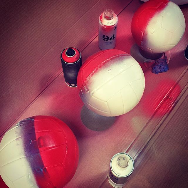 Today in the studio: making giant pokeballs out of volleyballs. It's not art but that's what's on the menu today. Will be props in a Pokemon movie chase on segways through San Francisco