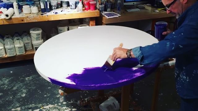 Yesterday in the studio: Turbo coat one of a few layers of deep purple. 47" round commission piece for a client in Cincinnati. After 3 desserts today and the resulting sugar rush I may be able to paint this fast. For the folks in the US Happy Thanksgiving.  Very grateful for the time and space to create art.