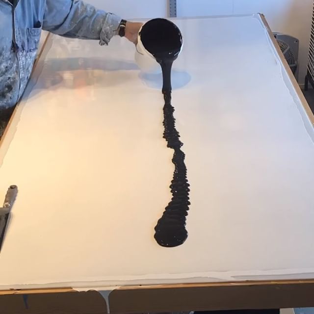 In the studio: Tossing around gallons of carbon black acrylic paint. 2nd step for creating materials for upcoming Shard Series paintings. This is two of three layers for this material. With the wet winter weather layers are taking 4 to 5 days to dry. Stay tuned more paint slinging to come.
.
.