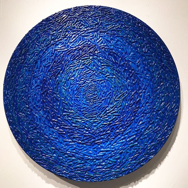 Wintertime studio experiments: My translucent blue 30” round experiment is on the wall for a quick look. This is a piece where I played with layers upon layers of cobalt blue... Experimenting with color shifts and translucent glazes. Learned a lot with this piece that started out white with a very vibrant colors in the bands of textures. Goal was to get  the underlying color bands to recede.  It’s been a fun month playing with glazes on top of an assortment of previously created pieces. .
Come check out this and other experiments this Saturday from 12 to 5pm. Artists Working open house event at the ICB in Sausalito . Over 40 art studios open.
.
.
.
.
.
. .