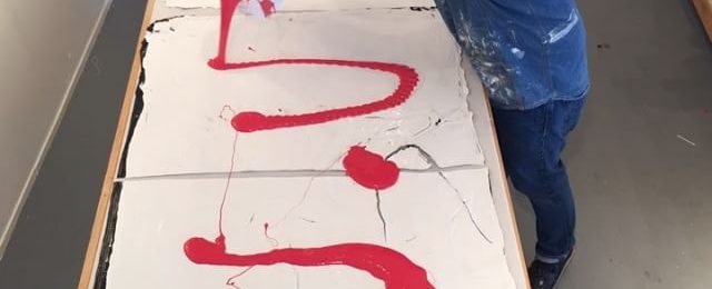 Back in the studio and playing with red. Time lapse video of pouring of a gallon of luscious red acrylic gel. This pour will be