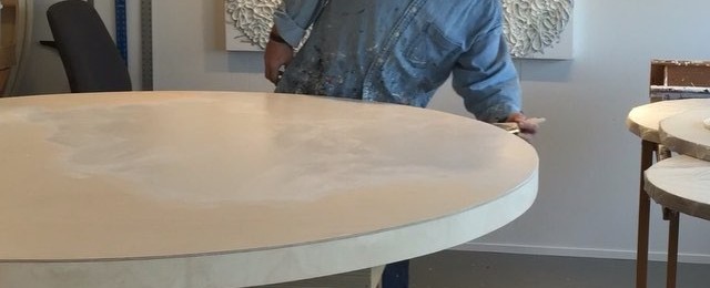 High speed gesso on a 6 round panel. This is a small one there are 7 foot rounds yet to be done. A snapshot from