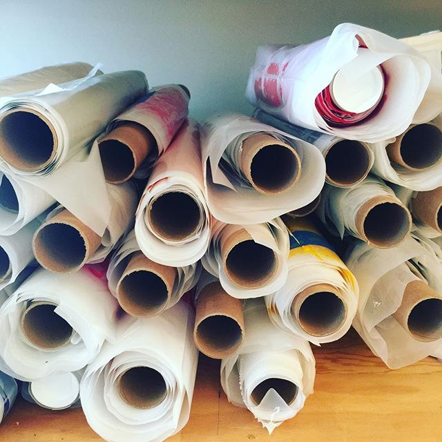 In the studio: Scrolls and scrolls of paint skins piling up! My new art pieces use 4x the amount of paint. Getting started this week on a couple of larger paintings. Stay tuned. . .