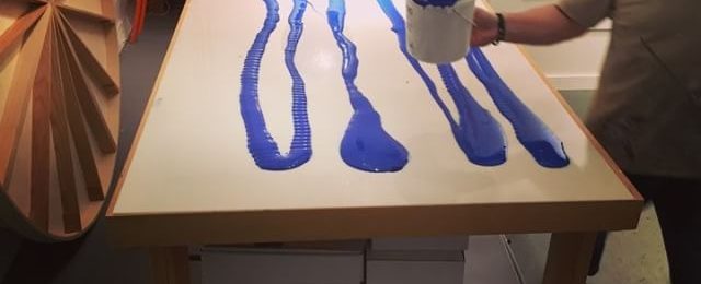 In the studio: Time lapse vid of blue layer pour of acrylic paint. Each layer is a gallon of @goldenpaints Three or four days and