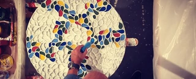 In the studio: Time lapse video of a Braided Series painting being filled with acrylic gels and Golden liquid paints. This is a 29″ round