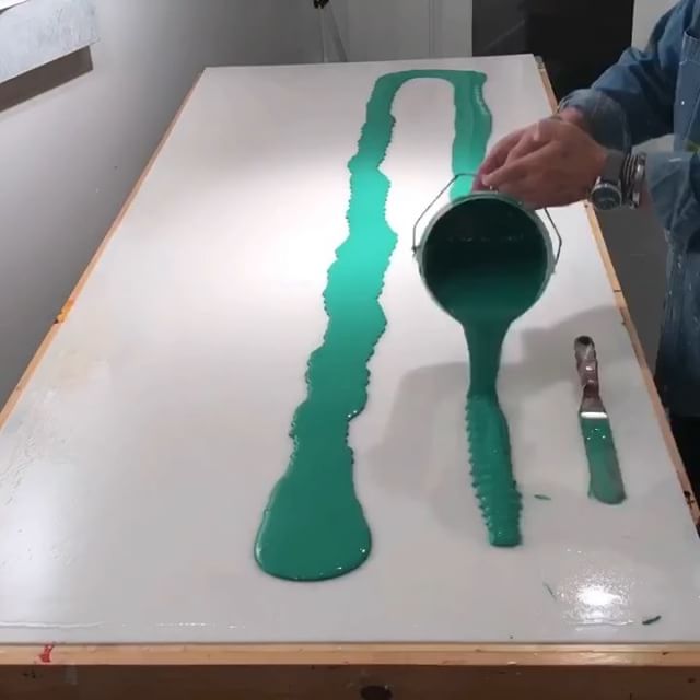 In the studio: Timelapse of a couple of grass green paint pours. For you folks keeping score at home this is color 7 of 8. The paint skin production is in full gear for week number two. Lots of acrylic paint on every available flat surface! Running low on supplies for some strange reason. UPS should be here early next week with a crate of paint. 4 to 5 days for these pours to dry. Off to show my work at Open Studios in San Francisco @artspansf this weekend then back to the studio. Stay tuned.... . . . .