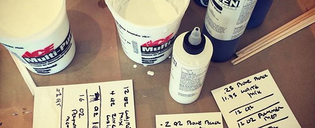 It’s a grey day in paint mixing land. For biggest pieces it take a few gallons of gels, liquid colors and mediums. Now comes the