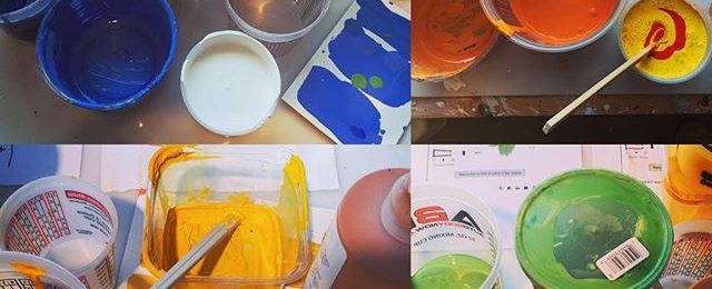 Today in the studio: mixing quarts of color using @goldenpaints fluid acrylics. Beautiful sunny day = some late summer colors #painterslife #mixingpaint #acrylicpaint #studiolife #artstudio