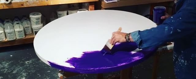 Yesterday in the studio: Turbo coat one of a few layers of deep purple. 47″ round commission piece for a client in Cincinnati. After 3