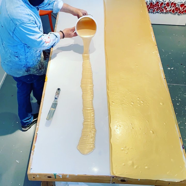 Another day another Iridescent Gold pour. Material production mode in high gear in studio. More of these table size sheets to come. Stay tuned for lots of progress shots in next few weeks. 
.
.
.

.
.
.
.
.
.
