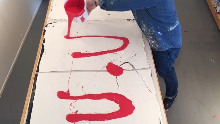 Back in the studio and playing with red. Time lapse video of pouring of a gallon of luscious red acrylic gel. This pour will be used as acrylic skins for a new piece for an upcoming show in April. The @goldenpaints gel mix I use makes for beautiful level sheets. 4 or 5 days drying time and on to the next step.  #video #artvideo #paintmixing #lapse #artistlife #goldenpaints #acrylicpainting #pouring #process #bayareaartist #studiotime #studioflow #abstractpainting #acrylicpaint #painterslife #videoart #brianhuberart #sausalitoartist #artlife #artwork #artforsale  #red #valentines #gallons #watchingpaintdry #redpaint #artshow #prep