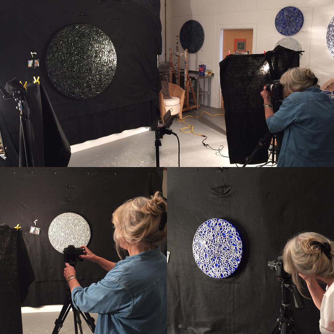Full day of photography in studio. Judy Reed loves the challenge of shooting my all black paintings that need the texture  and shadows to pop. Judy thanks for always making my work look great in every  picture you produce.