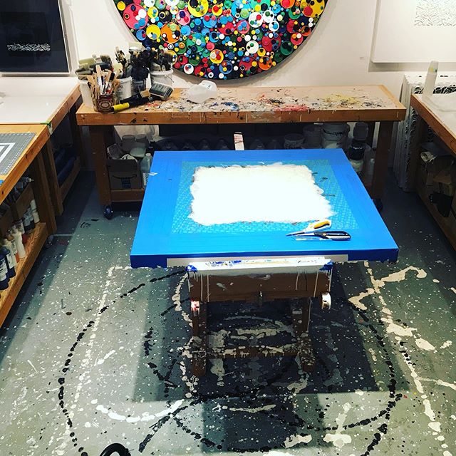 In the studio: Back at it - 2 shows and a couple of commissions on the horizon! This is a bit of blue tape and a gestural undercoat for a 48x48. Up next trip to Santa Fe for @artsantafe Also completing a wine label for @imagerywinery Thanks for the follows and comments on Instagram. . .