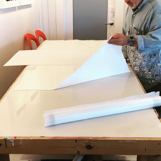 In the studio: Cutting and rolling titanium white acrylic paint skins. Next step for creating materials for upcoming braided series commissions. Not quite the correct thickness so I’ll be adding another layer. Stay tuned more paint slinging to come. Happy Saturday y’all from NorCal. .
.