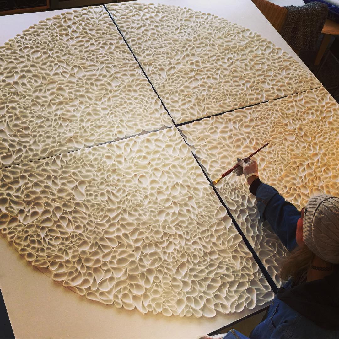 In the studio: Starting to look like a painting. Team effort this am with @sincerelybain jumping in to help. This is a 6'x6' piece (in 4 sections) for my upcoming UK show. Color fills will be added in a few days and then pack and ship to @artroomslondon London. Deadlines deadlines! 
#fullsize #brianhuberart #gobig #artstudio  #studiolife #artistslife #artconsultant #interiordesigner #painterslife #acrylicpainting #bayareaart #abstractpainter #acrylicpainter #artist_sharing #artroomslondon #studiovisit #decorator #artcollector #fasterfaster #artforsale #painterslife #artistproblems #studiotime #artshow #londonart #artshowprep #round #paintingstudio #artwork #muse #londonartgallery