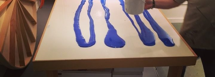 In the studio: Time lapse vid of blue layer pour of acrylic paint. Each layer is a gallon of @golden