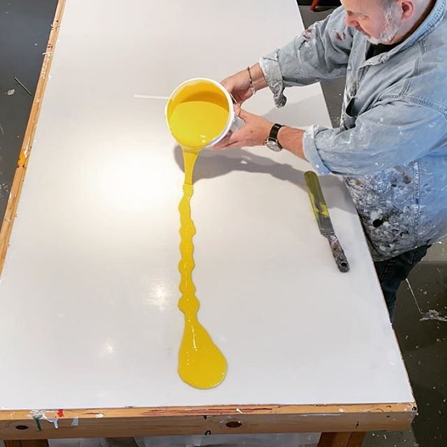 In the studio: Tossing around a gallon of toasty yellow acrylic paint. Back to the basic steps in material making. This pour is one of three layers for this project. Next layer is clear gel then back to yellow. Each layer takes about 4 to 5 days to dry. Stay tuned more paint slinging. Happy Saturday from #norcal .
.

#studiotime #workinprogress #showprep #painterslife #artist #artiststudio #sanfrancisco #abstractpainting #brianhuberart  #artlife #studioart #brianhuber #abstractpainting #artcommission #titaniumwhite #artconsultant #timelapse #timelapseart #studiovisit #studiolife #bayareaartist #oddlysatisfyingvideo #paintpouring #yellowpaint #wip #workinprogress #artvideos #goldenpaints #whitepaint #process #processvideo