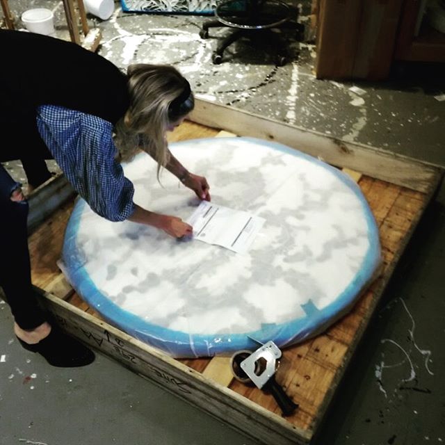 In the studio: We are working despite a massive power failure in Norcal. It is crate and ship day. The round paintings always look like giant pizzas in the shipping crates. 5 paintings off Miami Florida for install in the new @hardrockhotels Hotel and Casino. Special thanks to @danielfineartservices for placing my work in the suites at this amazing project. Can’t wait to see the install pics. .
.
.