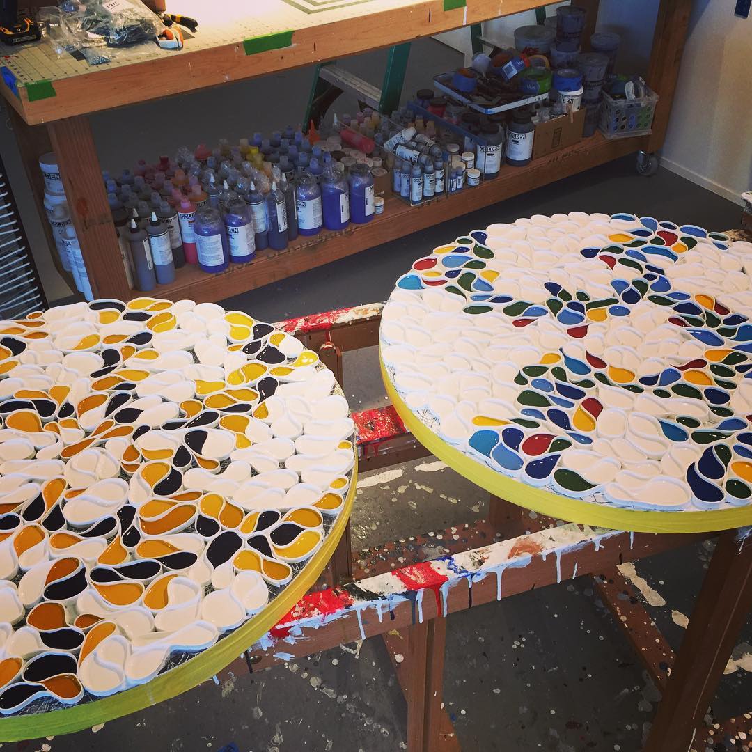 In the studio: yea! last 2 pieces for Sausalito Art Festival are done. Both are 29" rounds from the Braided Series. As always watching paint dry!