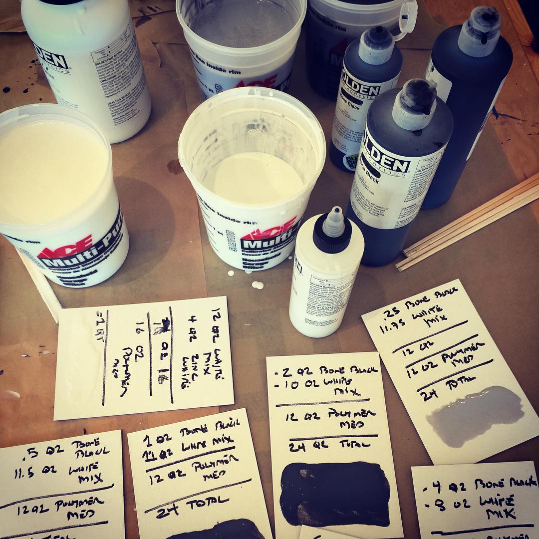 It's a grey day in paint mixing land. For biggest pieces it take a few gallons of gels, liquid colors and mediums. Now comes the fun part!