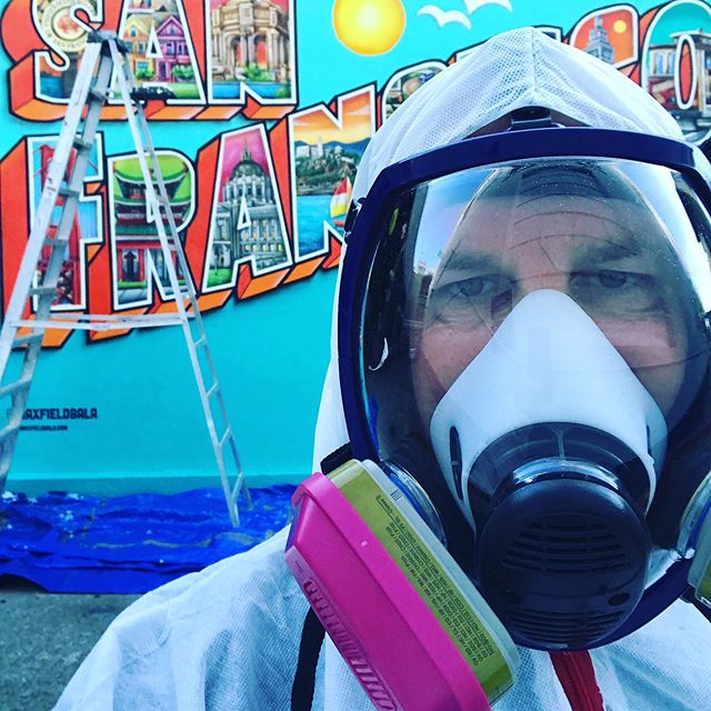 It’s Walter White day in San Francisco. Gaining appreciation for the hard work that goes into a mural project. Helping with spraying the UV coats and then the anti graffiti coats. This mural is by the very talented @maxfieldbala and was commissioned for a wall at my San Francisco office.  The “Greetings from San Francisco” piece is now done  and already attracting lots of groups for photos.  I’m obviously a big fan of the old school Greetings From postcard designs -  this one features iconic San Francisco locations and landmarks. Of course the project has a IG @greetingsfromsanfran and live steaming web cam too at https://Greetingsfromsanfran.com . .
.
.
.
.
#maxfieldbala #greetingsfromsanfrancisco #greetingsfromsf #greetingsfromsanfran #mural #spraypaintart #muralartist #sf #onlyinsf #muralpainting #sanfrancisco #postcard #greetingsfrom #muralsdaily #artcommission #gasmask #walterwhite #muralcoating #fishermanswharf #grafitti #graffitiart #sfmural #sfmurals #workinprogress #sfart #sf_insta #instaart