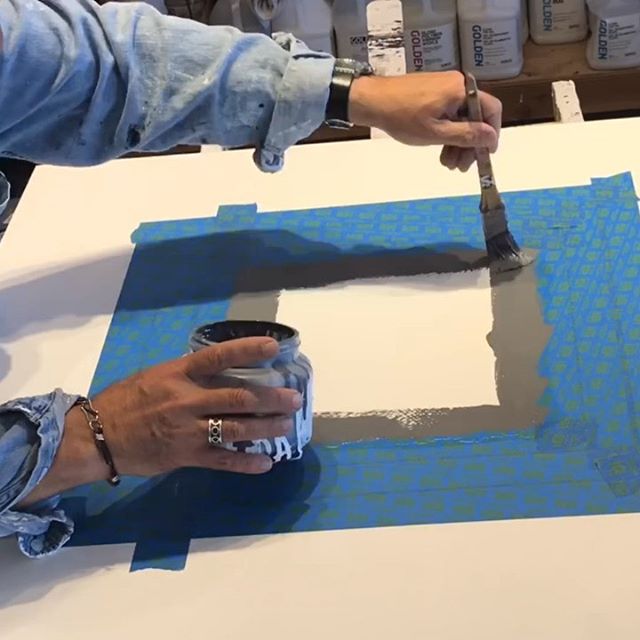 Sunday In the studio: Back at it - shows and a couple of commissions in full production. This is a bit of blue tape and a gestural undercoat for four pieces. Up next trip to Santa Fe for @artsantafe July 18th-21st showing with @Jentoughgallery Also shipping the completed wine label for @imagerywinery Thanks for the follows and comments on Instagram. . . . . . . . .