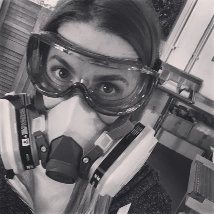 Today in the studio: In honor of new Star Wars flick @jewwrryy is doing her best Stormtroopers look.  My studio is in rouge varnish attack mode and Julie is leading the charge.  Art nerds for sure!