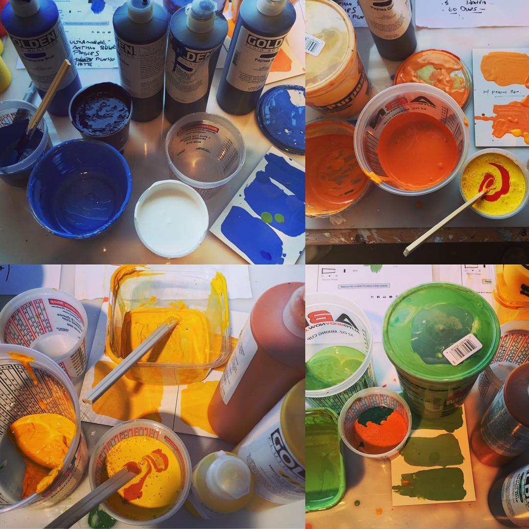 Today in the studio: mixing quarts of color using @goldenpaints fluid acrylics. Beautiful sunny day = some late summer colors #painterslife #mixingpaint #acrylicpaint #studiolife #artstudio #artistlife #studiovisit #acrylicpainting #color #process #californiaartist #studioflow #watchingpaintdry #pallete #deadline #summercolors #muse #gobig #sausalitoartfestivalprep