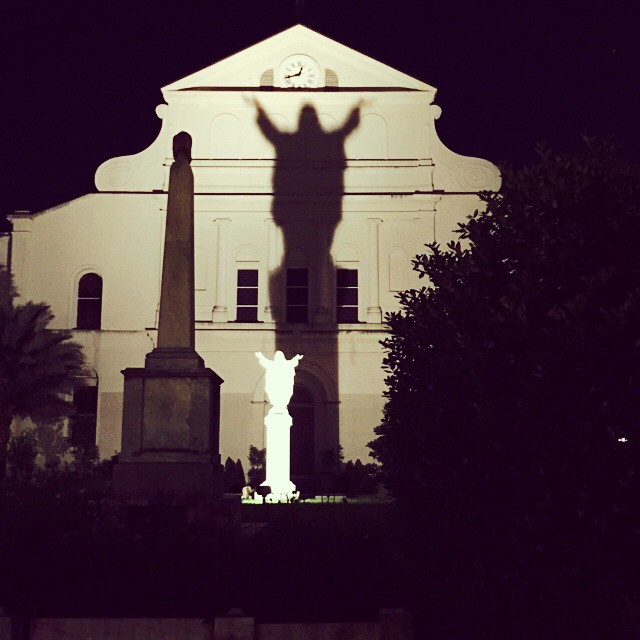 Touchdown Jesus on the back of St Louis. Cathedral in French quarter  Shadow is a big element in my work. New Awlins