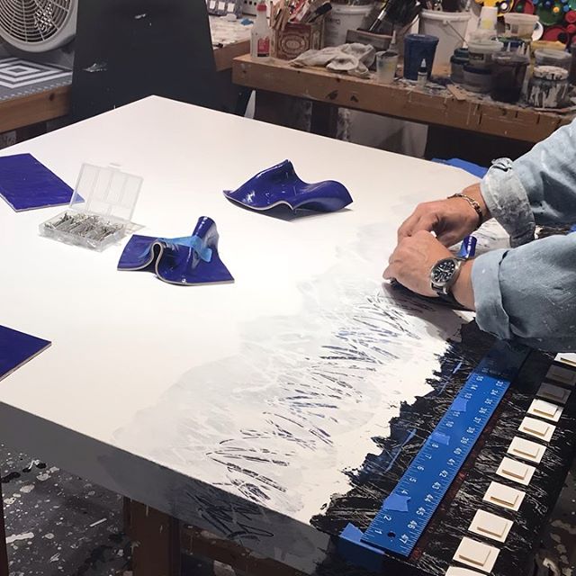 Wednesday night in studio land. More of the fun part - putting the 5 layer cobalt pieces together.  Final stretch on a couple of 48 x 48 Follow the Line series commissions heading to Palm Springs. More final assembly and tweaks to come in next couple of days.
.
Up next if you want to see my studio - Artists at Work Open Studios day @icbartists on Saturday Sept 28th from 11am to 4pm. Lots of my fellow artists at the ICB will be open and working in their studios too. Great day to visit studios and see art being created. .
.
.
.
.
.
.