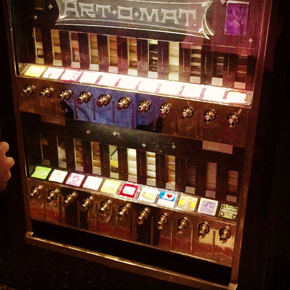 Well this is one way to sell art! Art o mat  vending machine at the Cosmo in Vegas $5.00 for original art packed in the same size as a cigarette pack. Bought a couple of pieces can't wait to hang them in the studio . #art #vendingmachine #vegas #artgallery #notinmystudio #notatwork #brianhuberart #artomat